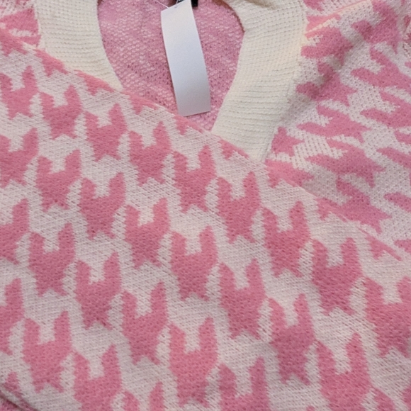 Pink Preppy Womens Houndstooth Pattern Lantern Sleeve Cardigan - Picture 10 of 12